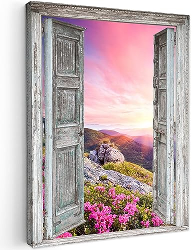 MuchoWow© Leinwand Bilder 50x70 cm Wanddeko Wohnzimmer Aesthetic Room Decor Deko Zimmer Wandbilder Modern Fotogeschenke Berg - Landschaft - Fensterblick - Blumen