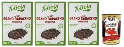 Italian Gourmet Fusilli pasta grano saraceno integrale Buchweizen 3 x 340g | 100% bio, naturalmente senza glutine, Vollkornqualität für leichte Rezepte, Gesamtnettogewicht 1,02 kg + Kostenlos Polpa 400g