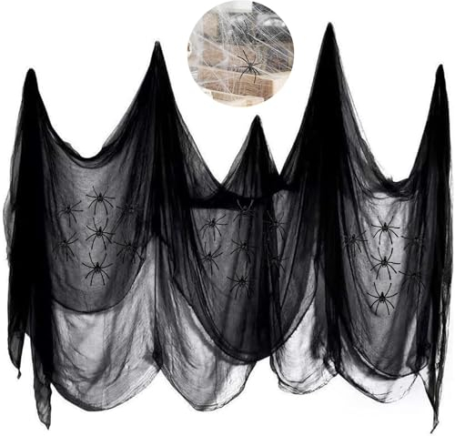Halloween Deko Schwarz Gaze LEAFS 500 x 215 cm Halloween Deko Horror Spinnennetz mit 20 Spinnen Halloween Deko Outdoor für Die Türen Hallen Veranden Decks Fenster Tore Garten