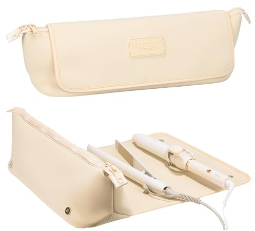Reisetasche für Haarstyling-Werkzeuge und hitzebeständige Matte für Glätteisen, Lockenstäbe und Haarpflegezubehör, 2-in-1 Design Tragen Hülle mit Innentaschen, Kompakter Organizer (Elfenbein)