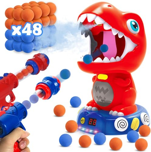 JIZZU Movable Dinosaur Shooting Toy, Dinosaur Toy for 4 5 6 7 8 Year Old Boys Girls, 2 Air Pump Guns & 48 Foam Balls, LED Score Record, Electronic Target Practice Toy Christmas Birthday Gift for Kids