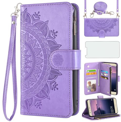 Asuwish Handyhülle für Huawei P10 Lite Hülle mit Band und Folie Schutzfolie Kartenfach Klappbar Leder Blumen Geldbörse Ständer Hawaii P 10 P10Lite Reißverschluss Hüllen Schutzhülle Phone Case Lila