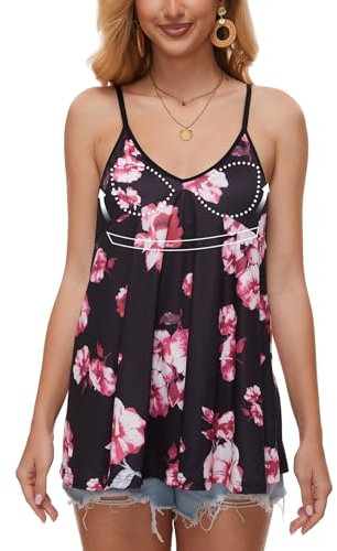 ANYFITTING Women Camisole Tops with Built in Bra Loose Fit Flowy Casual Padded V Neck Support Vests 2 in 1 Camisoles Tank for Women UK Summer Black Print S