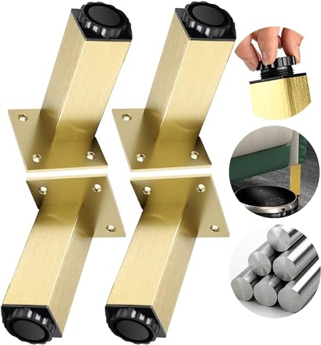 NOKTAI Möbelbeine, 4 Stück, goldene Möbelbeine, Schrankfüße, höhenverstellbar 15 mm, quadratische Tischbeine aus Aluminiumlegierung, für Schrankbett, Esstisch, Schrankstange, mit Schraube