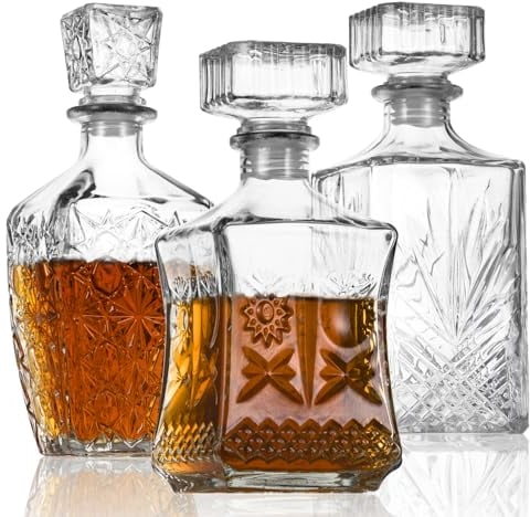 LAWADACH Whiskey Decanter, Liquor Decanters Set of 3, Glass Alcohol Bottle for Vodka, Tequila and Bourbon Unique Whiskey Bar and Party Decorations (28oz*2, 31oz*1)