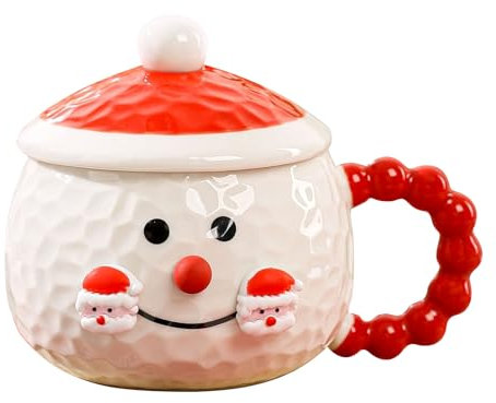 Snowman Christmas Coffee Mug 400ml, Ceramic Christmas Tea Cups with Lid, Festival Cute Xmas Mugs, Drink Hot Coco Mug, Winter Coffee Mug, Novelty Mugs Gift for Thanksgiving Day Christmas (Red)