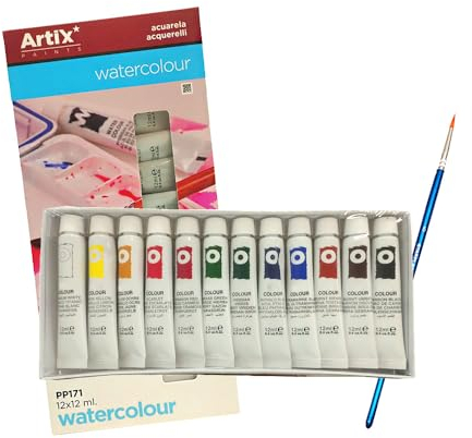 JYC CREATIVE Lot de 12 tubes de peinture aquarelle + 1 pinceau, pour travaux manuels, peinture gel, peinture liquide, (peinture aquarelle)