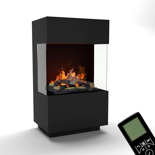 GLOW FIRE Wasserdampf Kamin OGF 1 Mini (Standkamin) - Elektrokamin mit realistischen LED 3D-Flammen, Knistereffekt & Fernbedienung, 55x96x40 cm - Opti-Myst 400 Elektro Kamin mit Holz-Deko, Schwarz