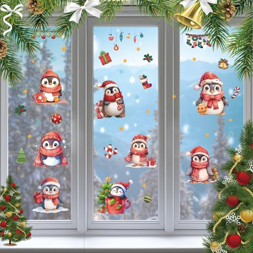 CRASPIRE 8 Stil Weihnachts Pinguin Fensteraufkleber Wintergeschenke Weihnachtsbaum Roter Schal Glöckchen Dekorative Kugel PVC Selbstklebend Glasfensteraufkleber Aufkleber Für Schlafzimmer Schaufenster