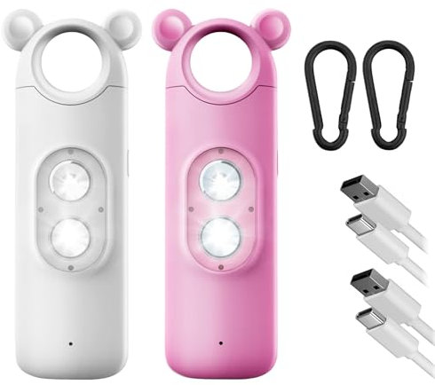 Shackcom 2pcs Alarme Personnelle 130dB Alarme de Sécurité avec 2 Lumière Flash LED Avertisseur Alarme de Poche Rechargeable Anti Agression Porte-Clés pour Femme Enfants Personnes Agées - Blanc+Rose