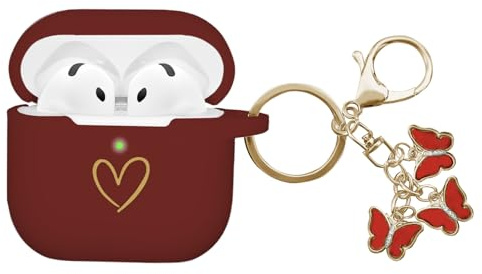 AIIEKZ Kompatibel mit AirPods 4 Hülle 2024, weiche Silikonhülle mit goldenem Herzmuster für AirPods 4. Generation Hülle mit süßem Schmetterlings-Schlüsselanhänger für Mädchen Frauen (Burgunder)