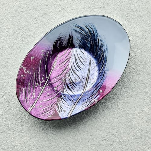 Sienna Glass Whispering Feather Violet Oval Glass Bowl – Handcrafted Decorative Bowl with Feather Design – Centerpiece for Home, Kitchen, Dining Room, and Special Occasions