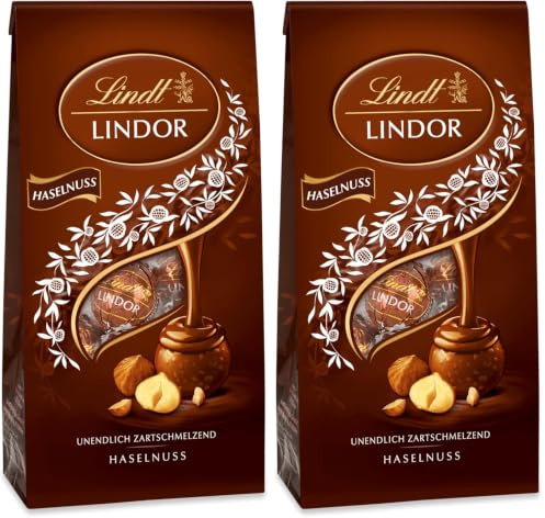 Lindt Schokolade LINDOR Kugeln Haselnuss Milchschokolade| 137 g Beutel | ca. 10 Kugeln Vollmilchschokolade mit zartschmelzender Nuss-Füllung | Pralinen-Geschenk | Schokoladen-Geschenk (Packung mit 2)