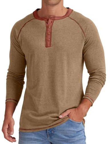 Sailwind Mens Henley Long Sleeve T-Shirt Cotton Casual Shirt (VG-Dark Khaki, XL)