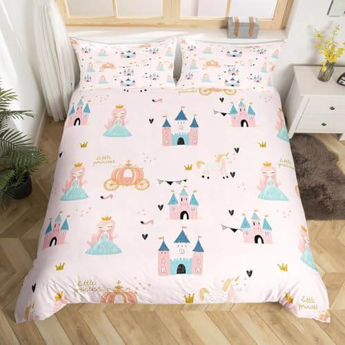 Loussiesd Mädchen Prinzessin Bettwäsche Set 135x200cm Märchen Schloss Druck Bettbezug Set Rosa Träumendes Einhorn Bettwäsche-Set Kinder Frauen Schöne Bettbezug mit Reißverschluss, weiche Mikrofaser