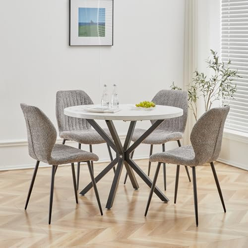 DEYARNA HOME Essgruppe Set Tisch und Stühle, 100cm Runder Esstisch und 4 Leinen-Esszimmerstühle, 4 Stühle & Tisch für Küche, Esszimmer und Wohnzimmer (Grau-ST, 100 * 100 * 76.5cm (Weiß/Schwarz))