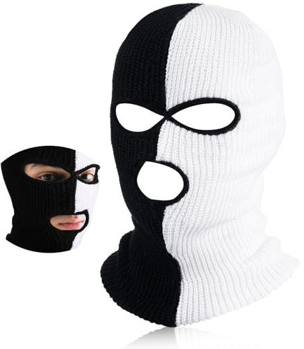 BBTO Gestrickte Sturmhaube mit 3 Löchern Volle Gesichtsabdeckung Winter Vollgesicht Sturmmaske(Schwarz, Weiß)