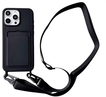 Gieehilry Crossbody Lanyard Phone Case for iPhone 11 Pro Max with Card Holder, Soft Liquid Silicone Phone Case with Strap Adjustable Neck Cord Necklace Shockproof Protective Cover Black
