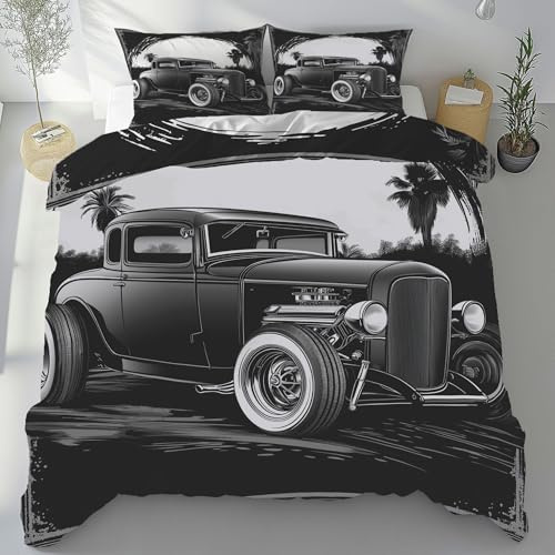 Hot Rod Oldtimer Bettwäsche 135x200 cm 3 Teilig, Antiker Auto Fahrzeuge | Bettbezug, Retro Hippie Bettwäsche Set, Wendebettwäsche mit Reißverschluss und 2 Kissenbezug