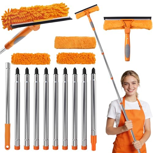 HA Bin Limpiacristales Profesional con Mango Extensible (400 CM), 2 en 1 Rasqueta de Silicona y Paño de Microfibra, Kit Limpiador de Cristales para Ventanas, Espejos, Coche, Ducha – Sin Rayas