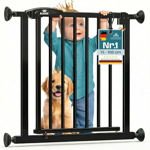 KIDIZ Treppenschutzgitter ohne Bohren | Verstellbare Breite: 88-94 cm, 75 cm hoch, Türschutzgitter und Absperrgitter für Kinder und Hunde, Beidseitige Einhand Öffnung, 90° Open-Stop System, Schwarz