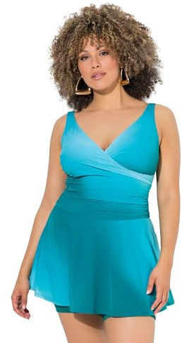 Ulla Popken Damen große Größen Übergrößen Plus Size Badekleid, Farbverlauf, Wickeleffekt, Shorts, Softcups türkis grün 56 846332460-56