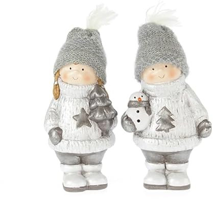 TEMPELWELT Wichtel Winterkinder Mädchen Junge im 2er Set 16 cm, Polystein Textil grau weiß, Dekofigur Winterfiguren