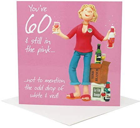 Holy Mackerel still in the pink rosé wine themed female 60th birthday card for her - designed by artist Erica Sturla - 15cm square and blank inside for your message - made in the UK