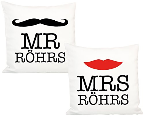 Geschenke 24: Hipster-Kissen Set für Ehepaare (Mr & Mrs (mit Personalisierung)): Zierkissen Schnurrbart und Kussmund personalisiert mit Wunschname