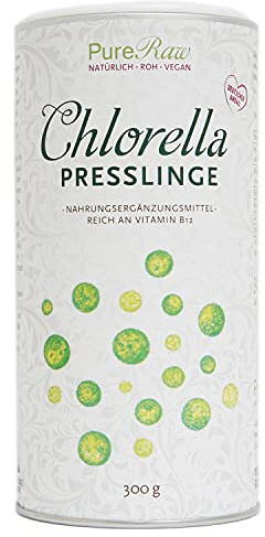 Chlorella-Tabletten aus Deutschland - Regional, Rein & Kontrolliert (Roh Vegan) Chlorella Algen Presslinge reich an Vitamin B12 Eisen Chlorophyll Spermidin - Chlorella Vulgaris Tablets | PureRaw 300g
