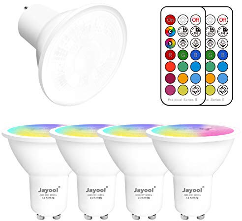 Jayool Lampadina LED Faretto GU10, Dimmerabile 3W Cambiare colore Faretto con Telecomando,RGB + Bianco freddo, Tempismo, Angolo a 45 ° (Confezione da 4)