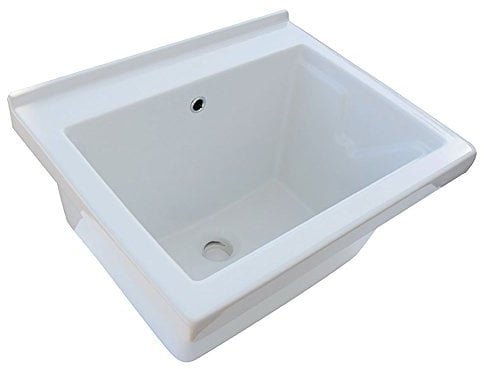 Elle emme Ci Lavatoio Ceramica 60x50 Tutta Vasca in Ceramica Bianca con tavola in Legno sifone e piletta