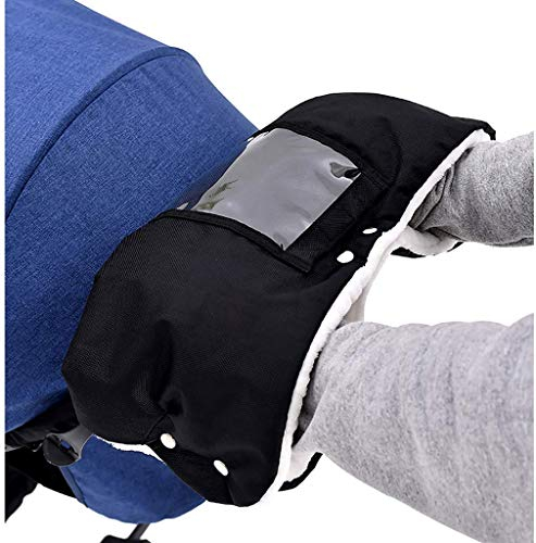 MIAOZHANG Kinderwagen Handwärmer Handschuhe, Handmuff mit Handytasche Warme Fingerwärmer mit Fleece Innenseite und Winter Winddicht Handabdeckung für Kinderwagen,Buggy, Radanhänger - Schwarz