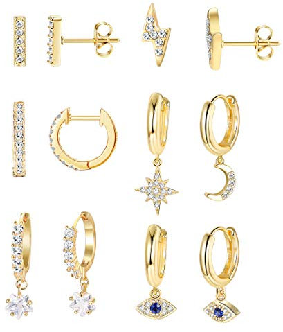 Milacolato 6 Paare Edelstahl Creolen Set - Hängend Ohrringe für Damen, Mini Bar Ohrstecker Mit Mond Stern Anhänger, Knorpel Schmuck, Kleine Huggie Ohrringe für Frauen Geschenk