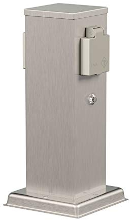 ledscom.de Garten Steckdosensäule Polly für außen, IP44, Dämmerungssensor, 2-Fach, Edelstahl, Edelstahl, eckig, 27 cm