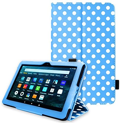 TECHGEAR Funda de Cuero Diseñado para Amazon Fire HD 8 2020 / HD 8 Plus (10ª generación), Funda de Cuero PU Protectora Soporte y Correa de Mano, Carcasa con Auto-Sueño/Estela Función [Pois Azul]