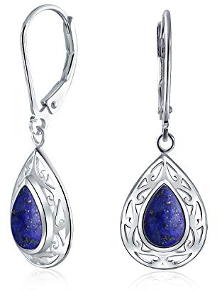 Ohrringe im westlichen Stil mit blauen Lapis-Lazuli in Birnenform, Hebelrückseite, Scroll-Filigran, Tropfenform, baumelnd, für Frauen, aus .925 Sterlingsilber