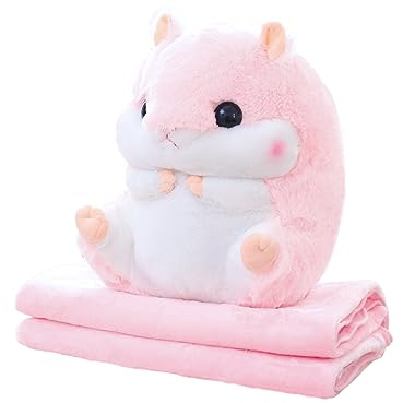 MUZIRI KINOKOO Plüsch-Kissendecke, niedliche Hamster-Plüschdecke für TV-Sofa, Büro, Schlafdecke, faltbar, Überwurfdecke, gefüllt, Überwurfkissen, Flugzeugdecke, weiches Plüschspielzeug, Decke, rosa