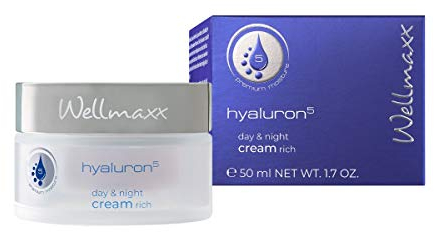 WELLMAXX hyaluron⁵ day & night cream rich - Anti-Aging, reichhaltige 24h Creme, mit 5-fach Hyaluron, für jeden Hauttyp geeignet, Feuchtigkeitspflege, DERMATEST® “sehr gut”, 50 ml