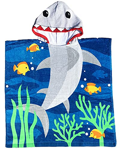 Proumhang Kinder Strandtuch mit Kapuze,100% Baumwolle,Badetuch Poncho Handtuch Cartoon Bademantel,Nachtwäsche, Schlafanzug,Strandbadetuch Für Jungen und Mädchen von 2-10 Jahren Hai 70CM