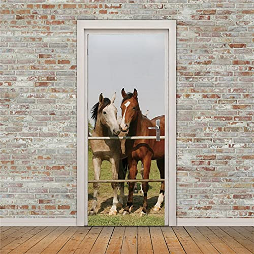 A.Monamour Türtapete Selbstklebend Türfolie Türposter 3D Zwei Pferde Hinter Dem Zaun Im Feld Vinyl Folie Türdeko Tapete Wandbild Türaufkleber Türtattoo 90 x 200 cm