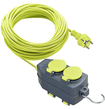 Masterplug Cable Alargador con 2 enchufes 15m, Prolongador Schuko, Extension Electico para Exterior IP44, Verde