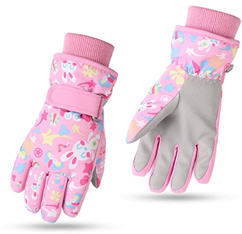 JANGANNSA Winter Kids Ski Gloves Boys Girls Cold Weather Snow Glove Waterproof Ski Snowboard Gloves with Fleece Lining (7-9 Years, Pink)