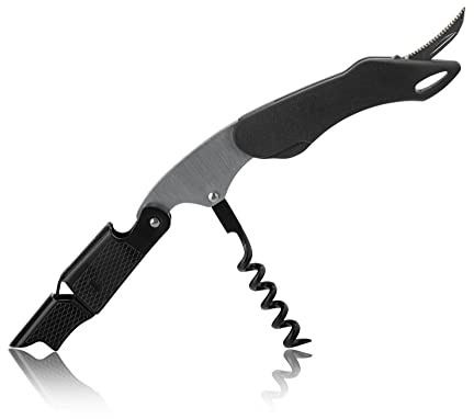 Qpractiko - Tire-bouchon Double Temps en Acier Inoxydable | Spirale en Téflon pour Ouverture Facile | Coupe Capsule Intégrée | Design Élégant, Noir, Acier Inoxydable Plastique