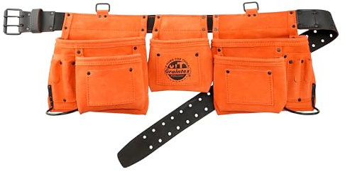 Graintex DS2500 Professioneller Werkzeuggürtel/Werkzeugtasche aus Wildleder, 11 Taschen, Orange, 5,1 cm Leder/Gurtband, 2 Hammerhalter für Bauwerkzeuge, Tischlerwerkzeuge, Dachwerkzeuge,