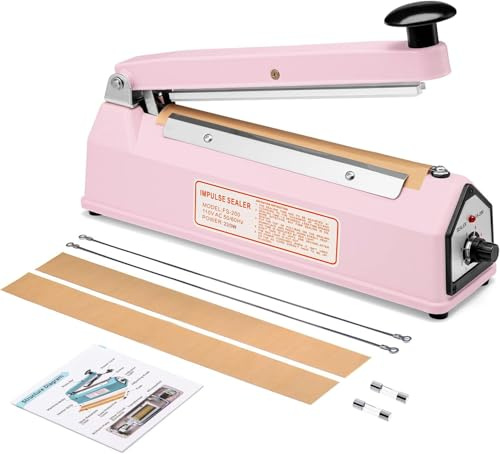METRONIC Sigillatrice a impulsi, 20,3 cm, termosaldatrice manuale per sacchetti di plastica, sigillatrice termoretraibile, resistente, con kit di riparazione (rosa)