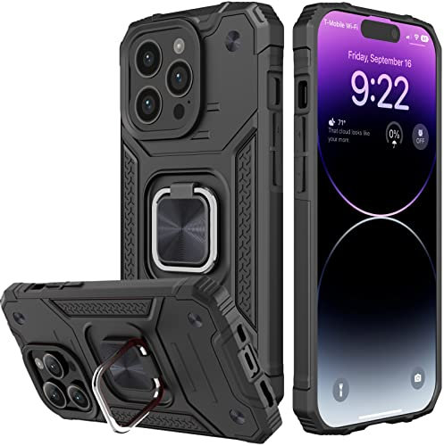 Honeyview ShockProof Case for iPhone 14 Pro with Ring Kickstand, Bumper Armour Phone Cover for Apple iPhone 14 Pro - Black