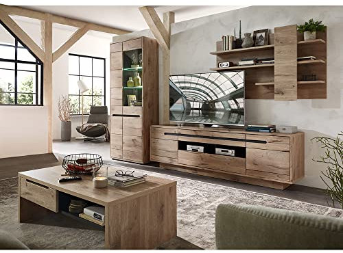 Wohnwand Schrankwand Anbauwand Mediamöbel TV Wand Eiche Nb. Graphit Couchtisch Wohnzimmertisch Lowboard Fernsehschrank Wandregal Regal Vitrine Standvitrine Vitrinenschrank Beleuchtung