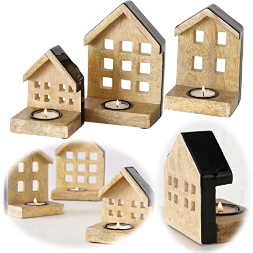 LS-LebenStil Teelichthaus Lichthaus Nyhavn 3-teilig Holz Braun Schwarz Fachwerkhaus Teelichthalter