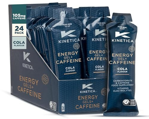 Kinetica Sport Quicks Release Energy Gel + Caffeine - Cola Flavour | 105mg Caffeine, 27g Carbohydrates/Serve | 24 x 70g Pack | Contains Range of B Vitamins & Electrolytes | Fast Acting Energy Source